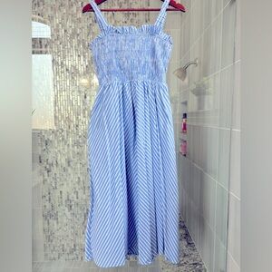 English Factory Blue Striped Sundress with Smocked Bodice